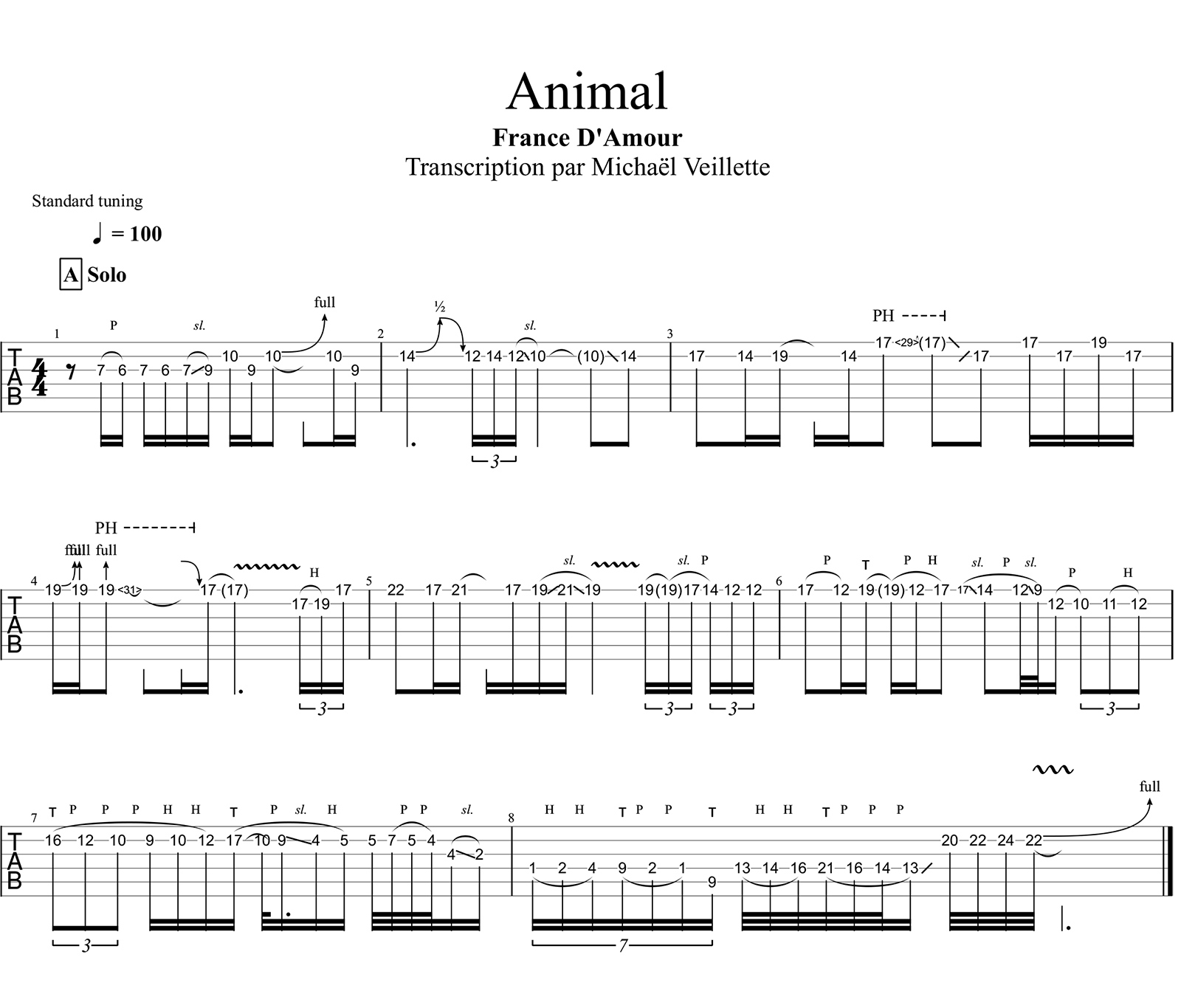 Animal de France D'Amour - Solo de guitare avec partition