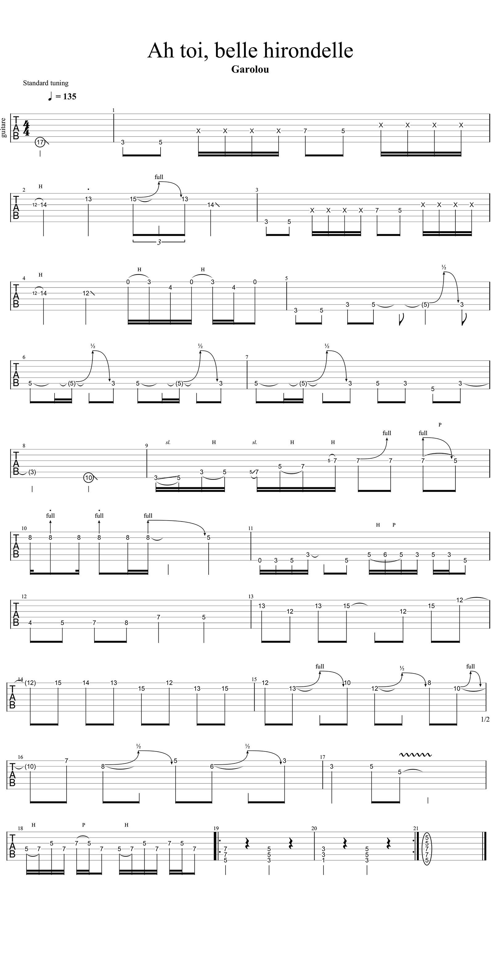 Ah, toi belle hirondelle - Garolou - Solo de guitare avec partition