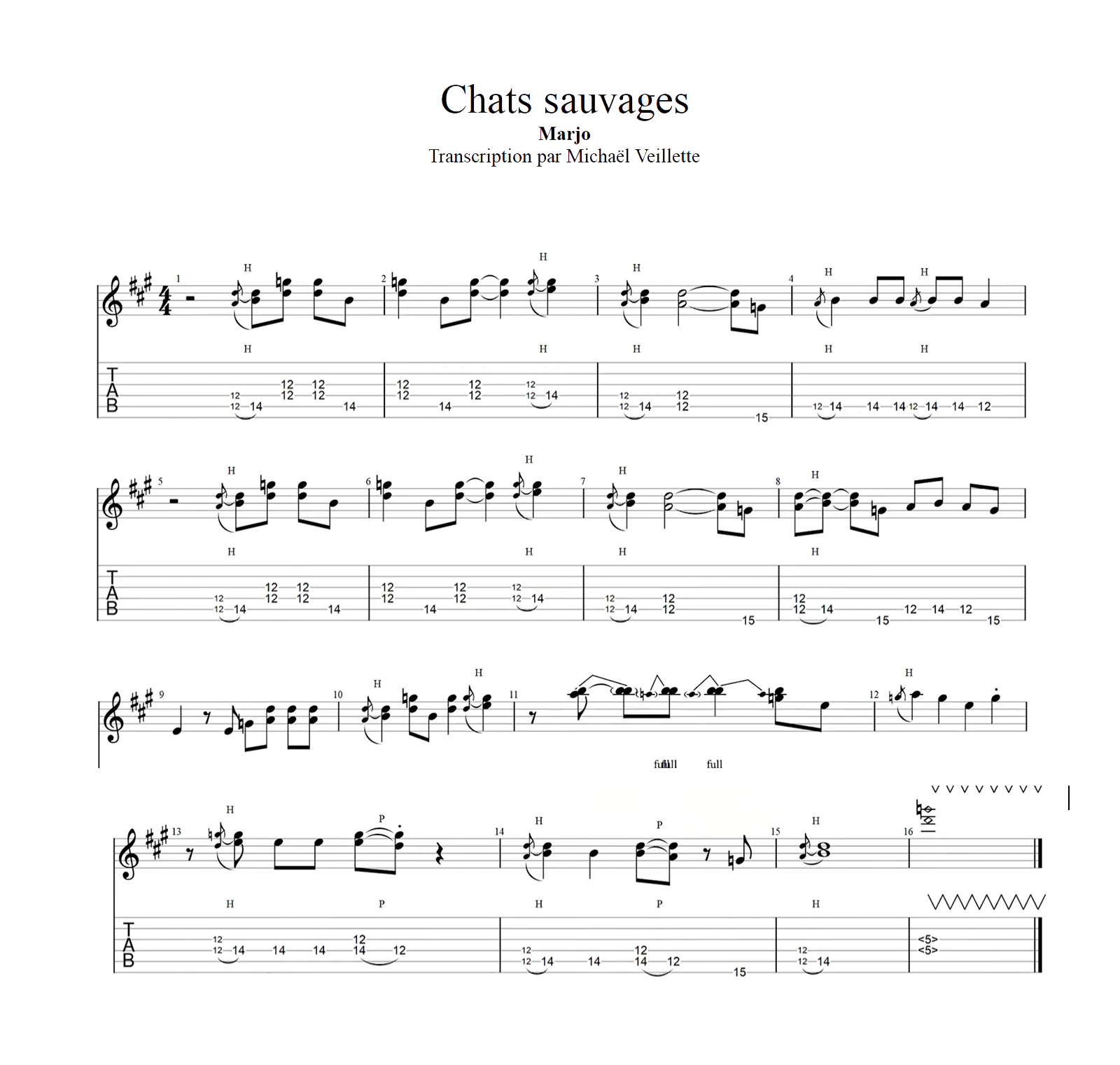 Marjo - Chats sauvages - Solo de guitare avec partition