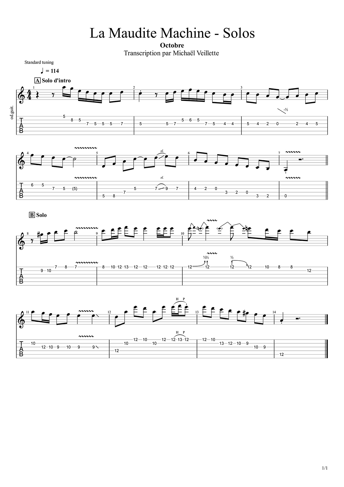 La Maudite Machine - Octobre - Solos de guitare avec partition (Mise à jour)