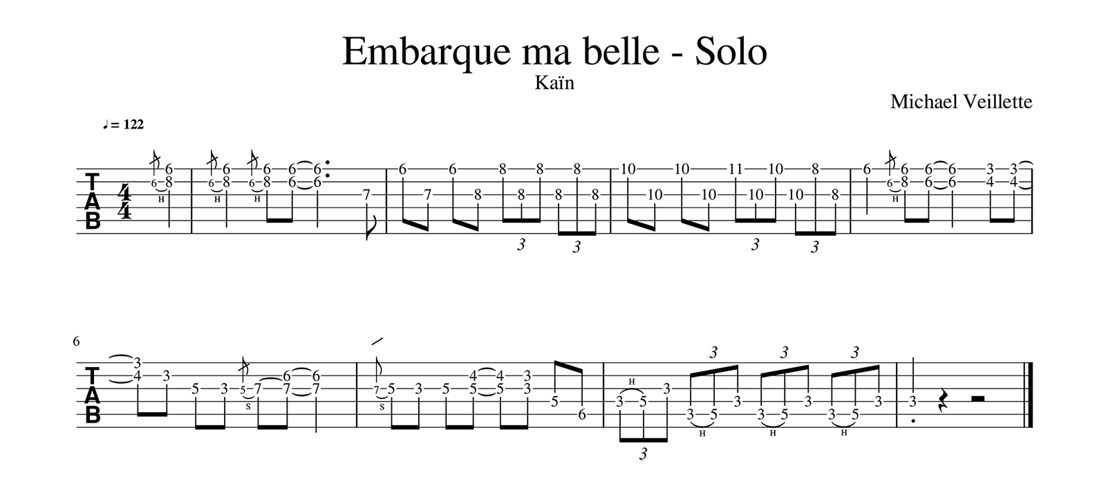Embarque ma belle - Kaïn - Solo de guitare avec partition