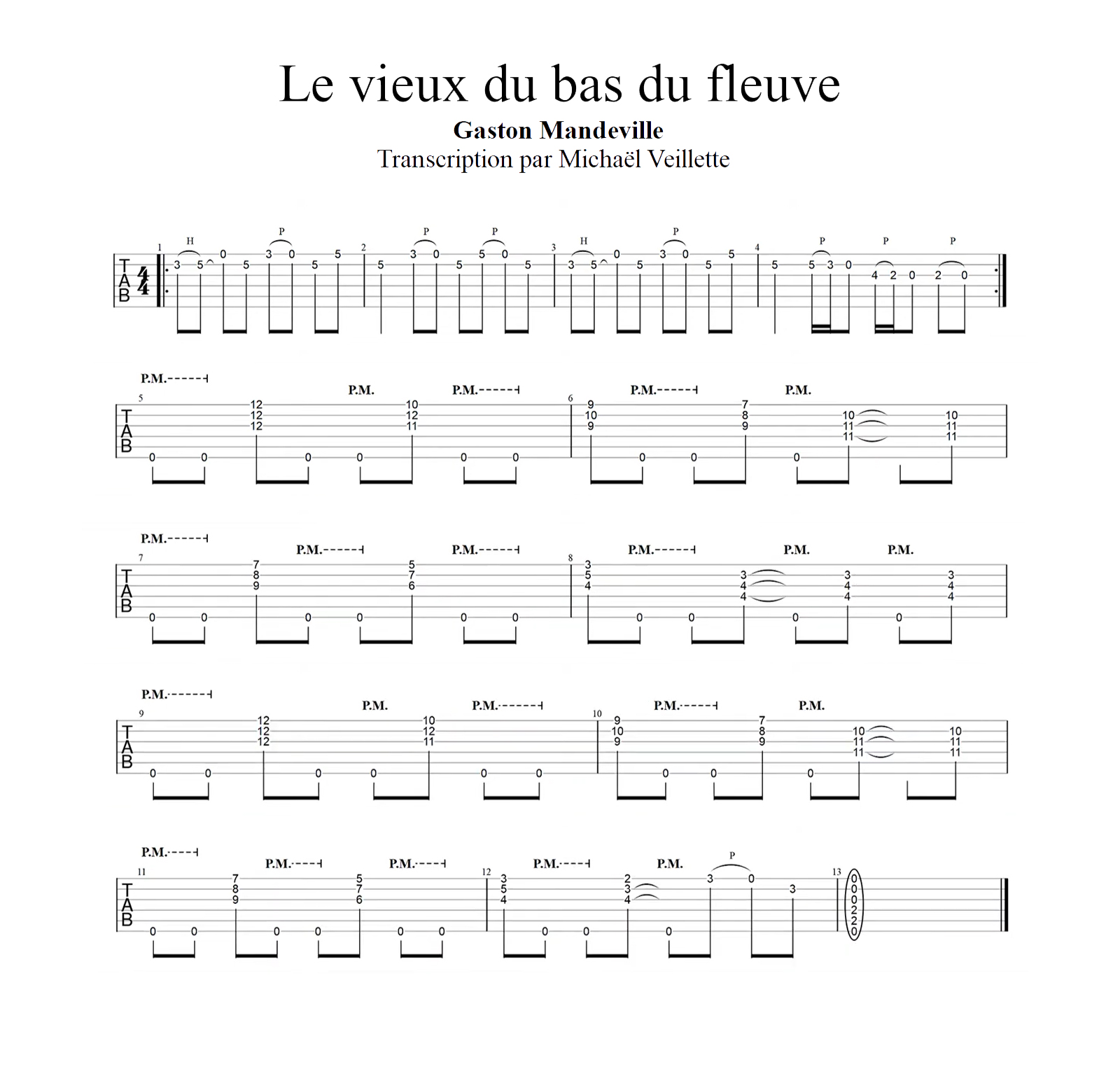 Le vieux du bas du fleuve - Gaston Mandeville - Solo de guitare avec partition