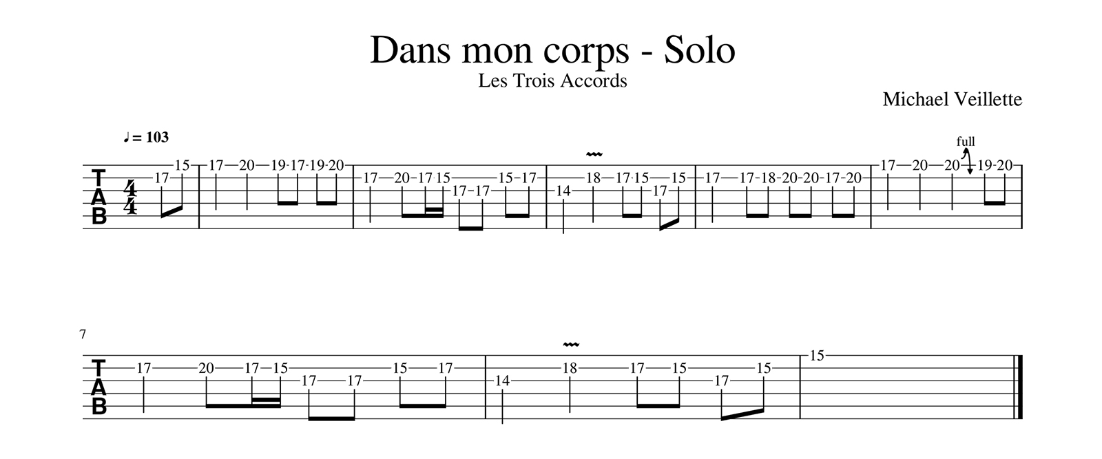 Dans mon corps - Les Trois Accords - Solo de guitare avec partition