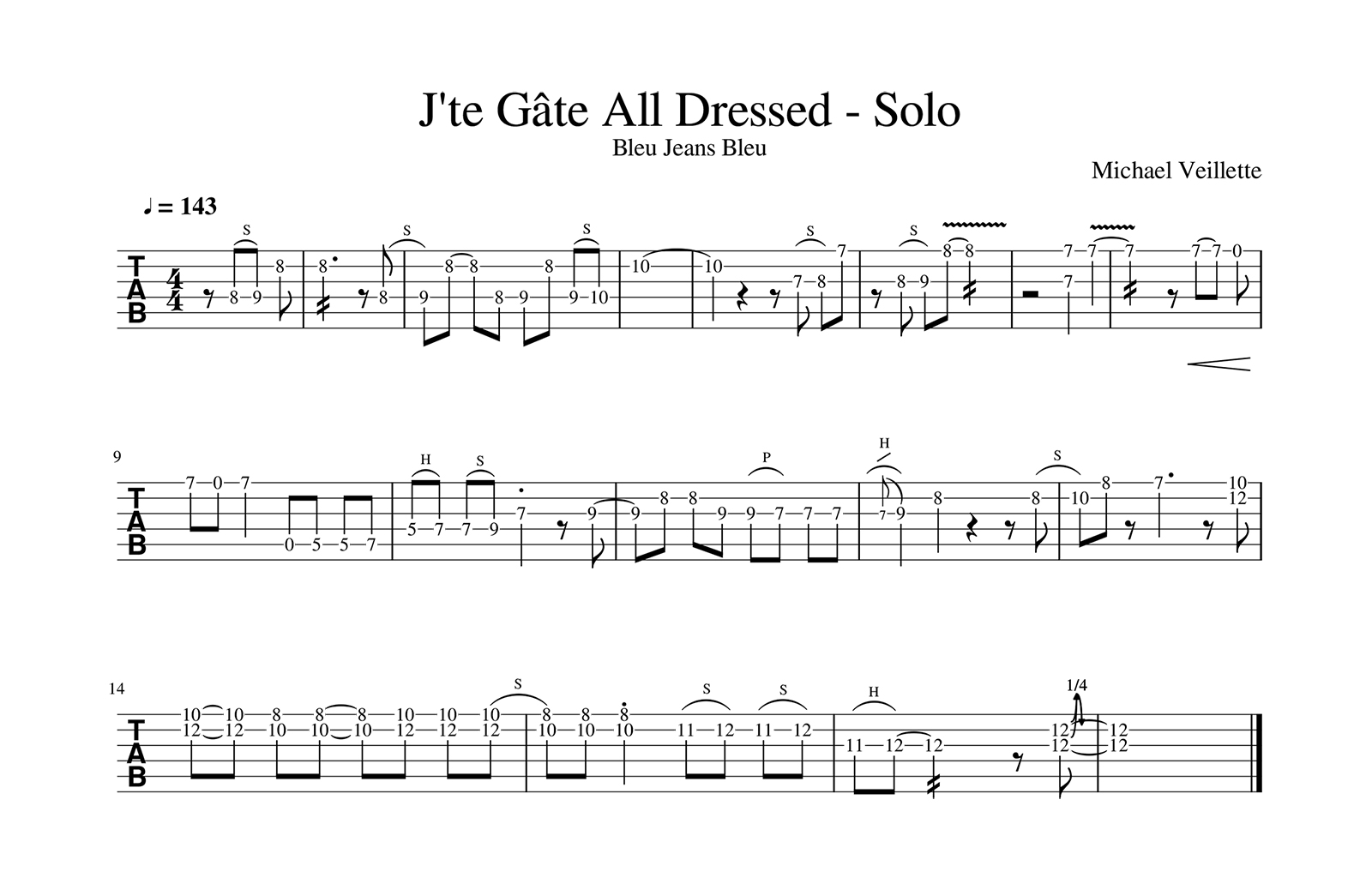 Bleu Jeans Bleu - J'te Gâte All Dressed - Solo de guitare avec partition